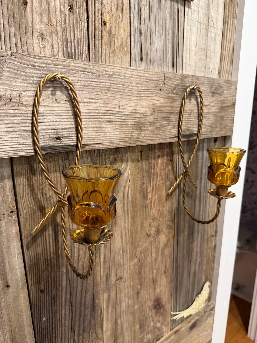 Pair of Vintage BOHO Farmhouse Tulip Amber Glass Wall Sconces